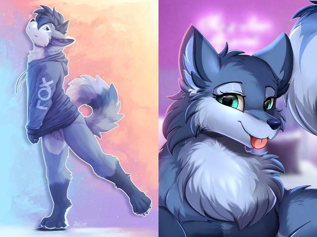 On the left: a digital drawing of an anthropomorphic canine character with blue fur (light blue markings), cyan eyes, and dark blue hair sitting on a ledge wearing a dark blue collar and rainbow-colored arm and leg warmers. / On the right: a digital portrait drawing of a vixen with blue fur and cyan eyes, in front of a pink background. She is looking directly at you with a stuck out tongue.