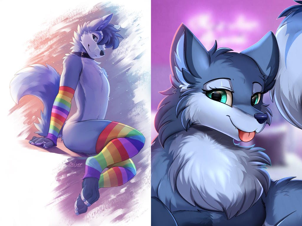 On the left: a digital drawing of an anthropomorphic canine character with blue fur (light blue markings), cyan eyes, and dark blue hair sitting on a ledge wearing a dark blue collar and rainbow-colored arm and leg warmers. / On the right: a digital portrait drawing of a vixen with blue fur and cyan eyes, in front of a pink background. She is looking directly at you with a stuck out tongue.