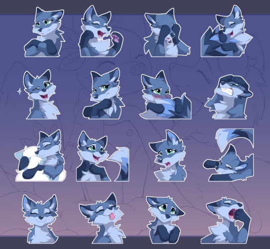 16 portrait drawings of a blue fox arranged in a 4 by 4 grid, each with a different facial expression and a white outline to separate them from the dark blue background.